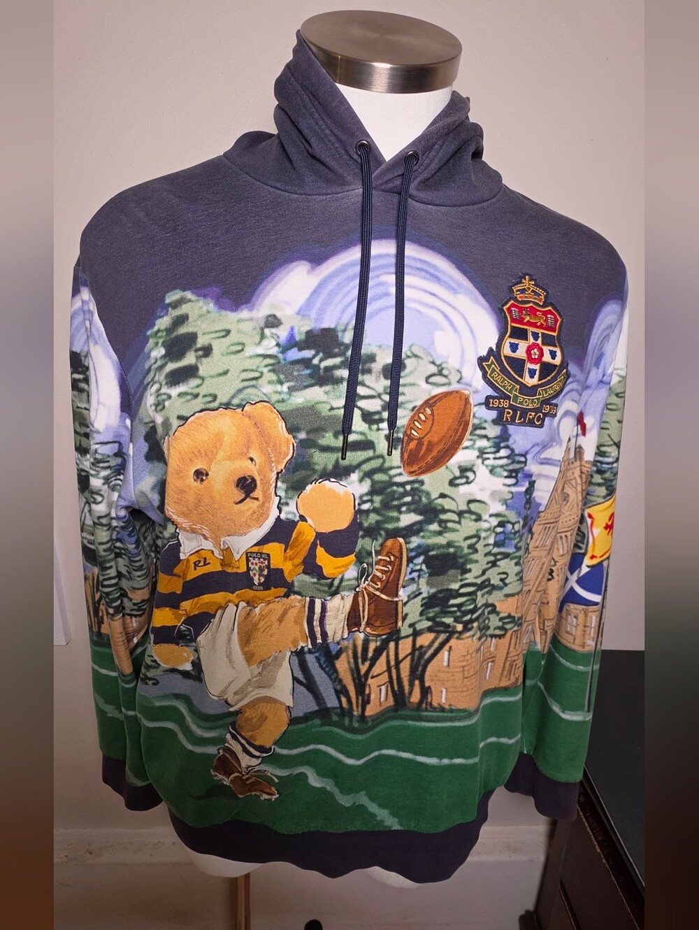 Ralph Lauren Limited Edition Navy Multicolor Rugby Bear Pullover Hoodie